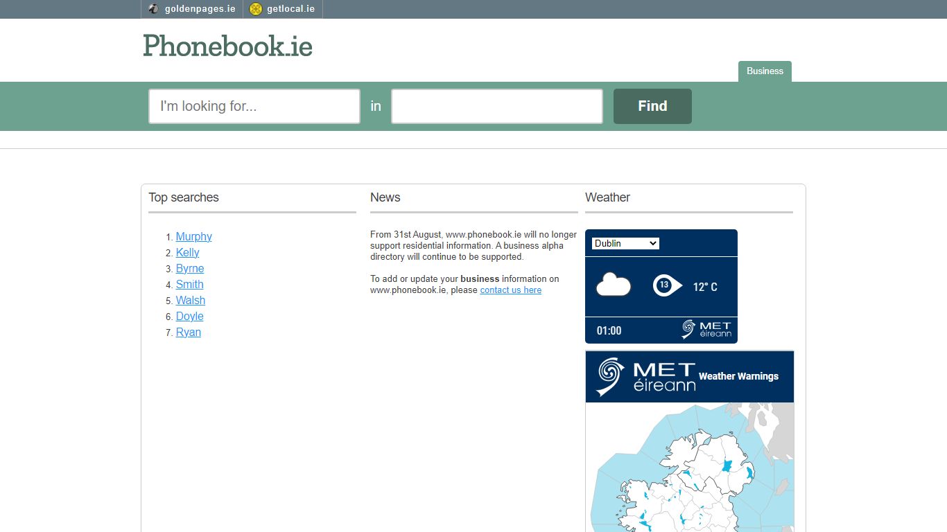 Golden Pages Welcome Page - Phonebook.ie